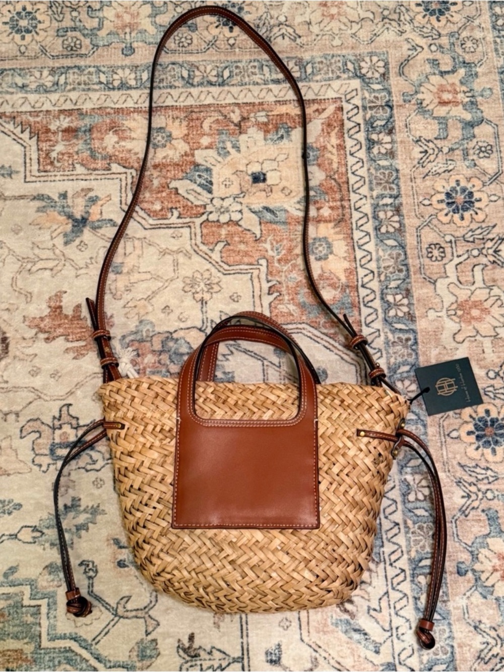 House of Harlow 1960 Straw Crossbody Bag with Brown Leather Trim - Picture 4 of 9